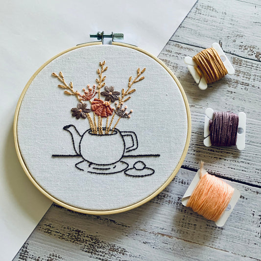 Digital download. Floral teapot embroidery hoop art PDF pattern with instructions. British modern crewel wall art project