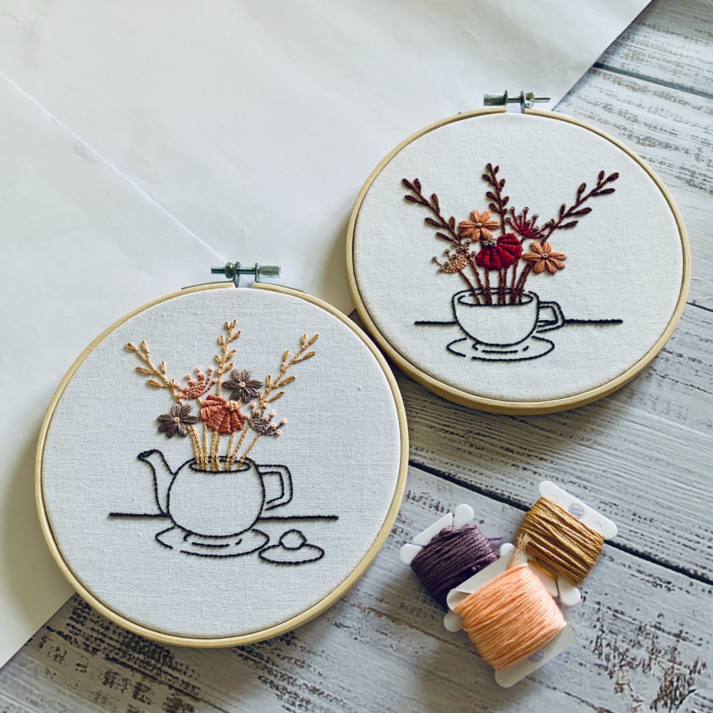 Digital download. Teacup and teapot embroidery hoop art PDF pattern with instructions