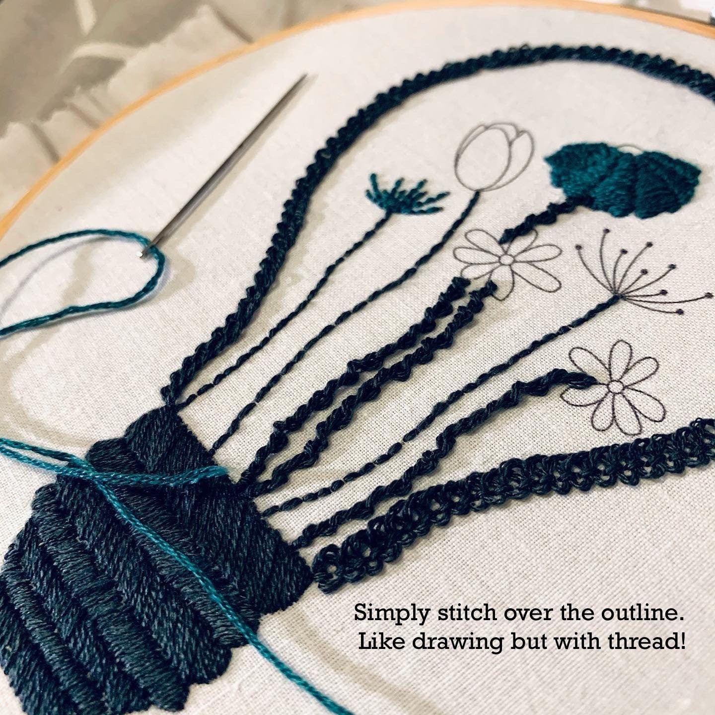 Full embroidery kit. Four seasons hoop art. Mindful hand sewing pattern with materials