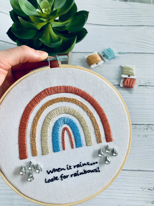 Full embroidery kit. Rainbow embroidery hoop art. Inspirational embroidery pattern and materials.