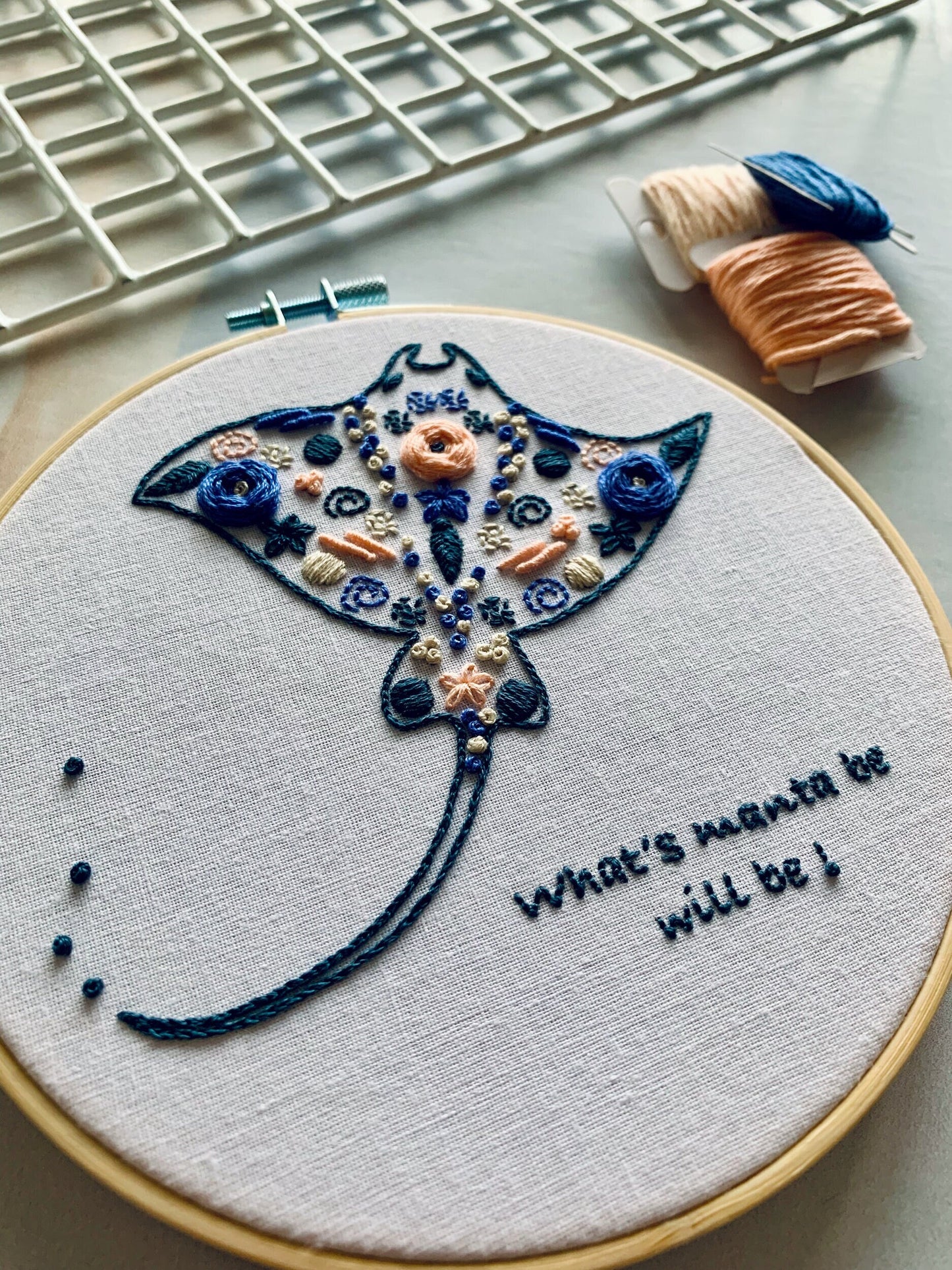 Full embroidery kit. Manta ray hoop art. Full DIY sewing project for mindfulness. Sting ray, sea-life craft