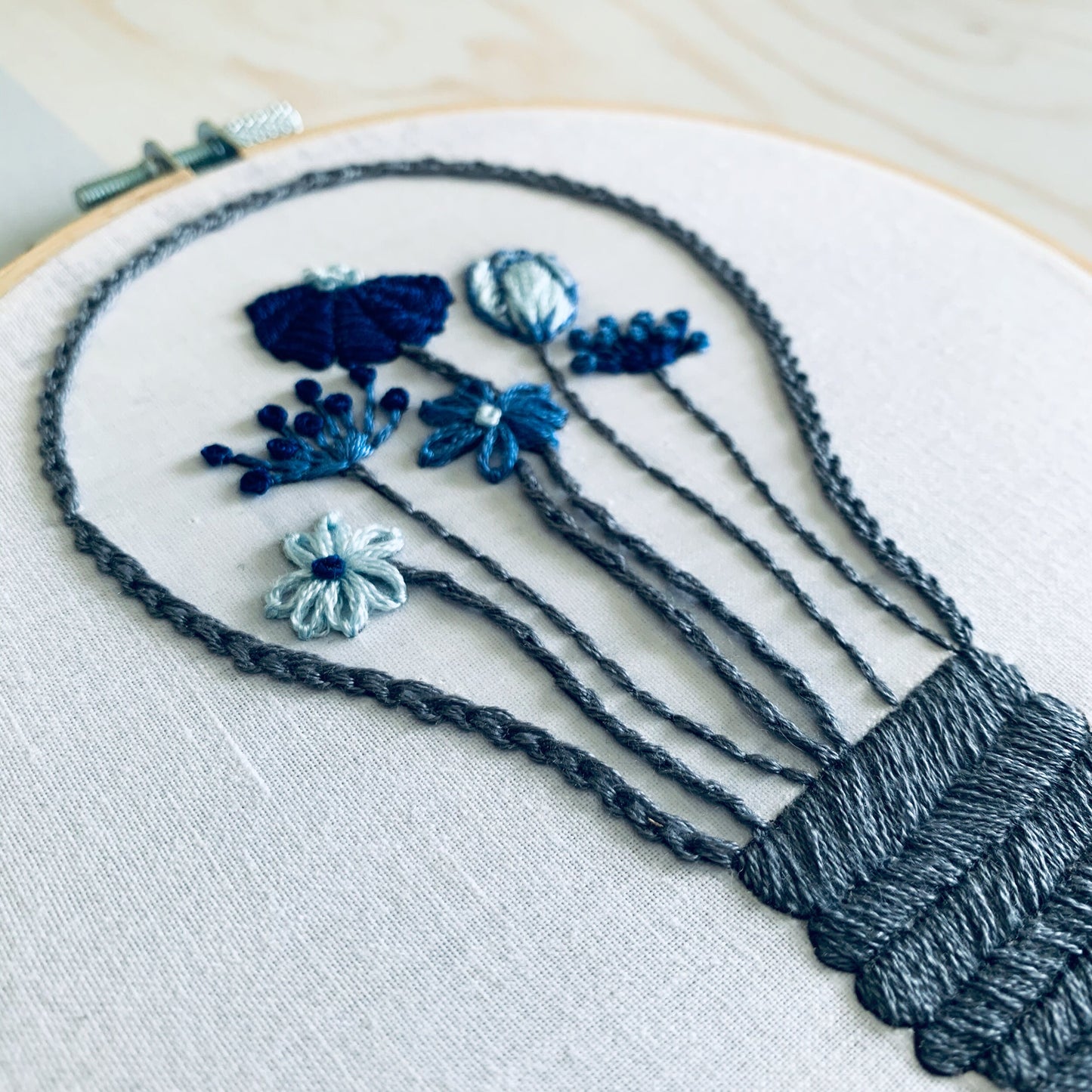 Full embroidery kit. Lightbulb floral hoop art. Beginner mindful sewing project