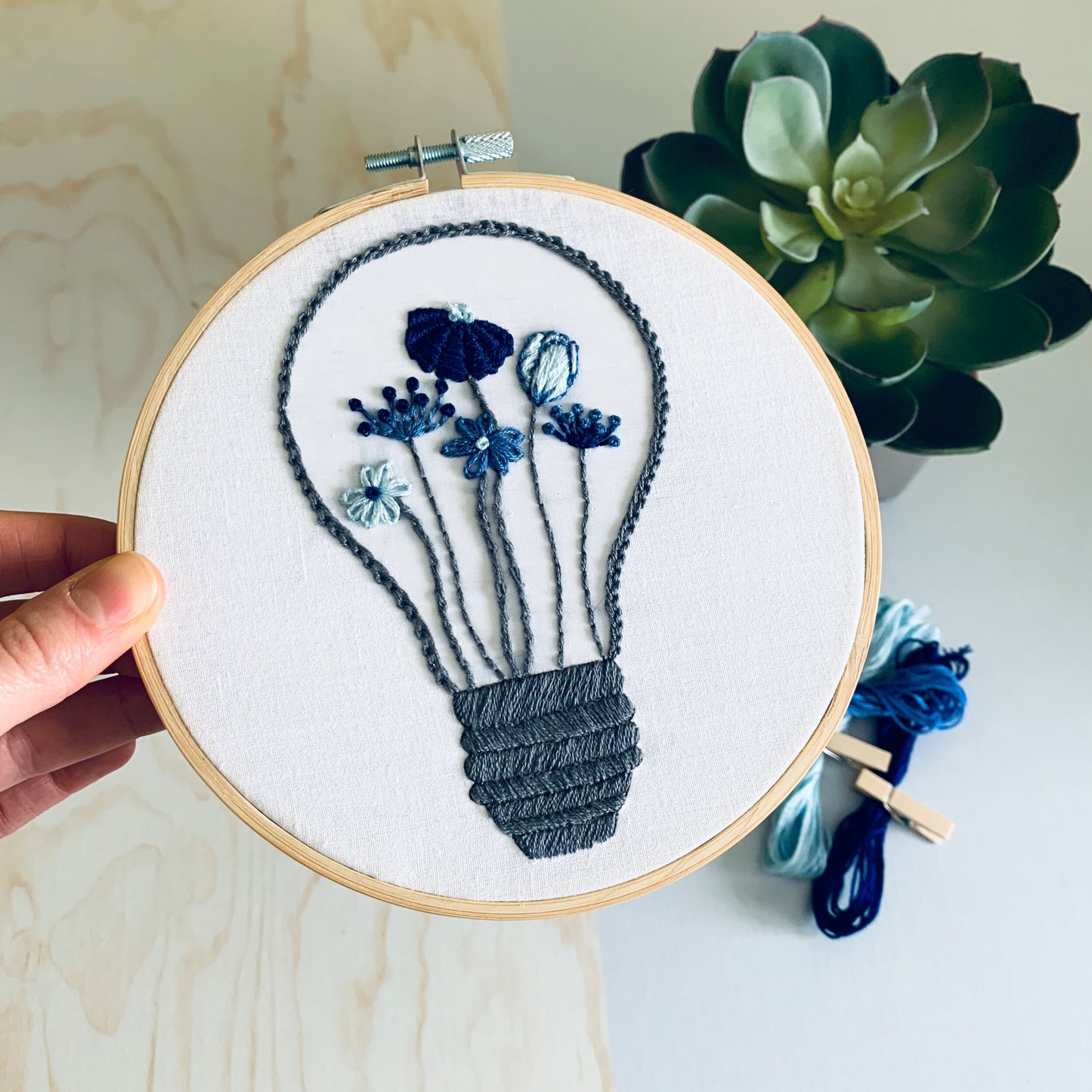 Full embroidery kit. Lightbulb floral hoop art. Beginner mindful sewing project