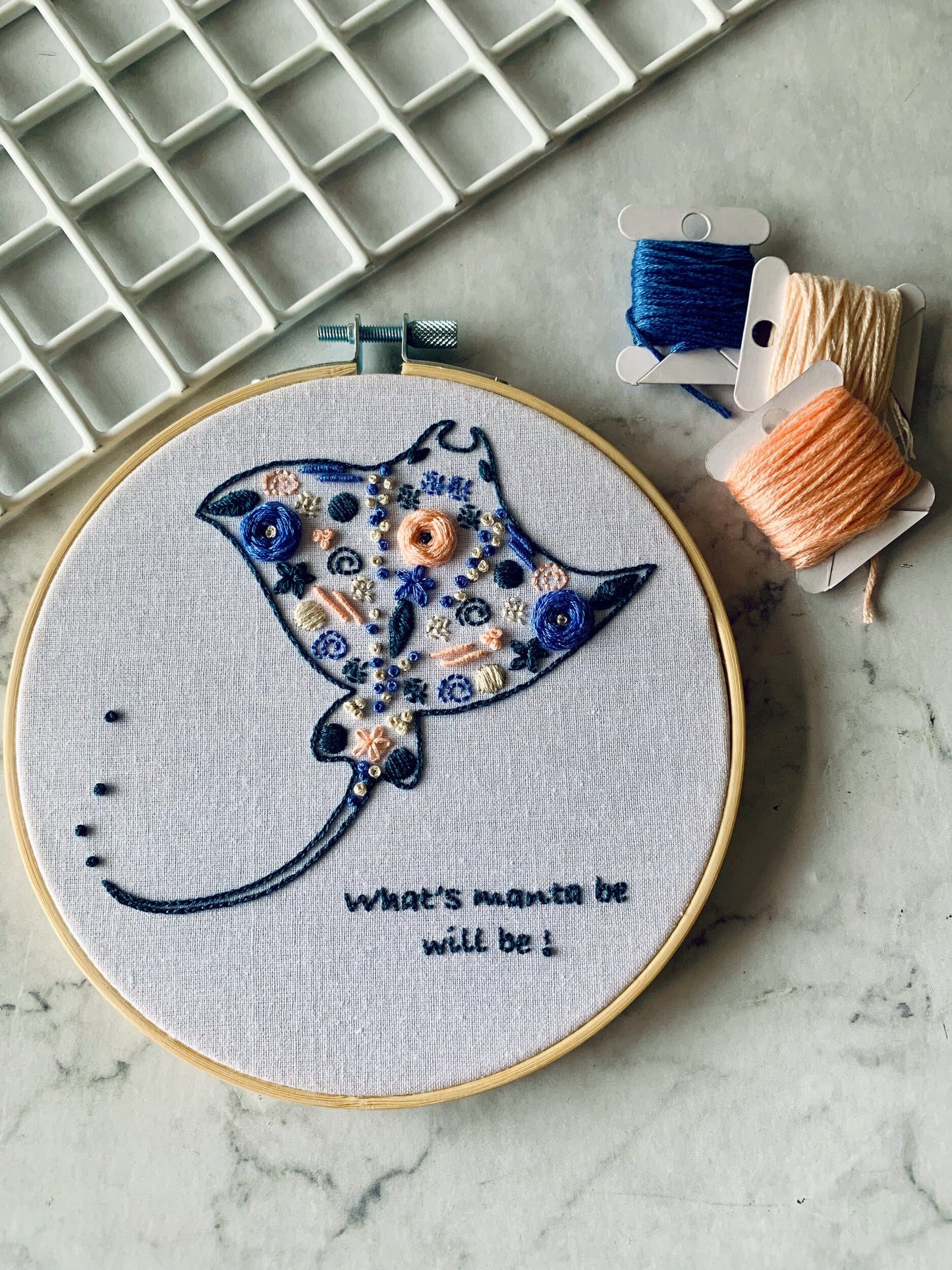 Full embroidery kit. Manta ray hoop art. Full DIY sewing project for mindfulness. Sting ray, sea-life craft