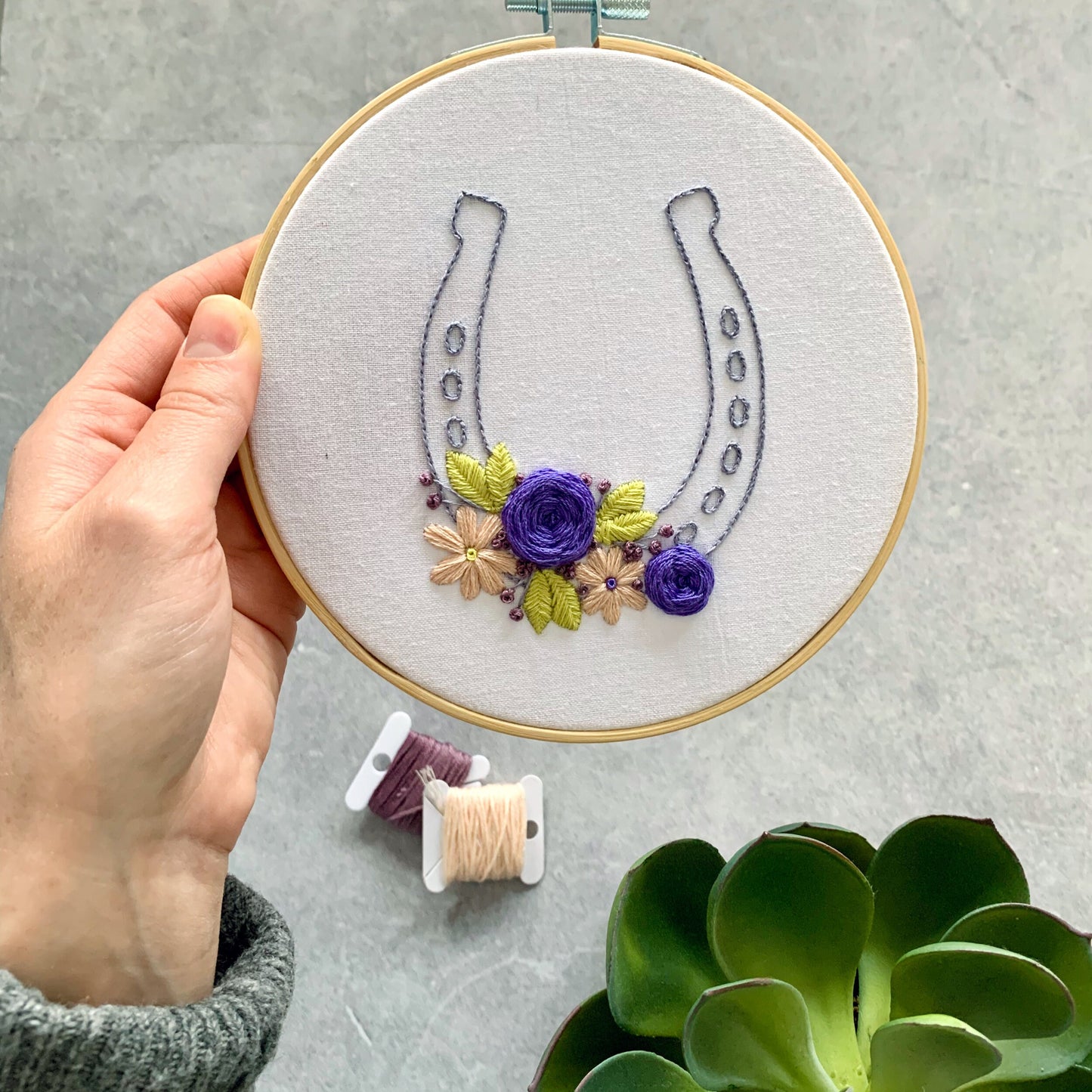 Full embroidery kit. Floral lucky horseshoe hoop art. Mindfulness diy project