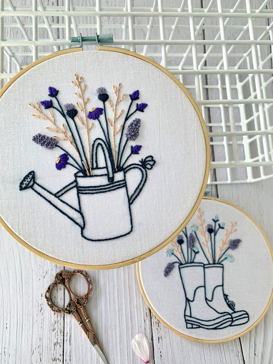 Full embroidery kit. 2-design floral wellington boots and watering can hoop art. Cottagecore mindful art therapy