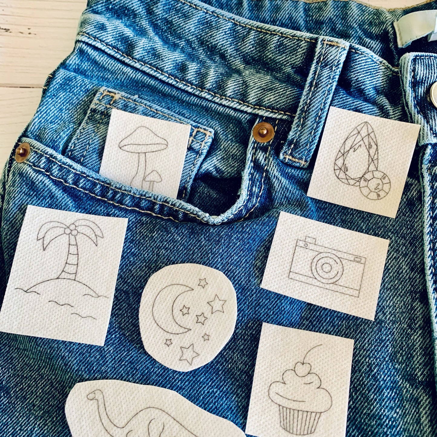 Stick and stitch patches. T-shirt motifs edition. Fun embroidery patches for clothing, blankets, bags, cushions etc.