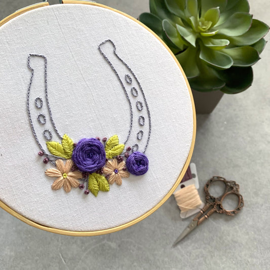 Full embroidery kit. Floral lucky horseshoe hoop art. Mindfulness diy project