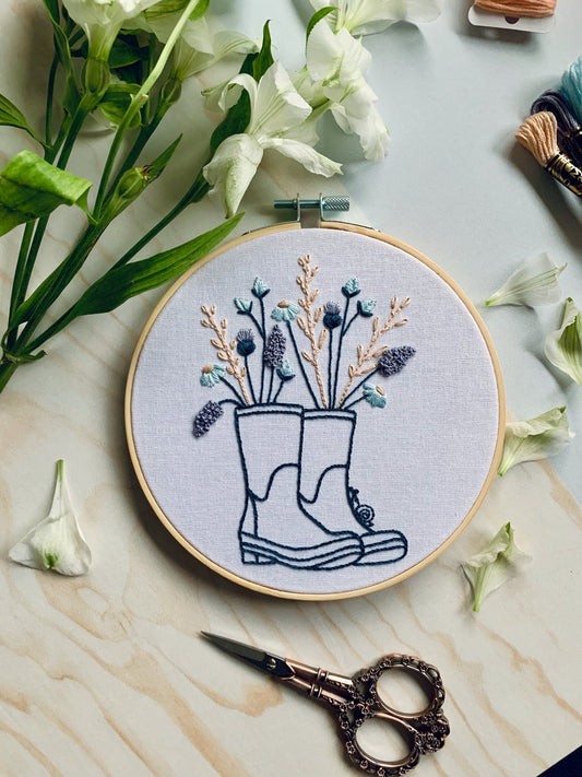 Full embroidery kit. Floral wellington boots DIY modern hoop art. Creative cottage core craft gift for adult mindfulness.