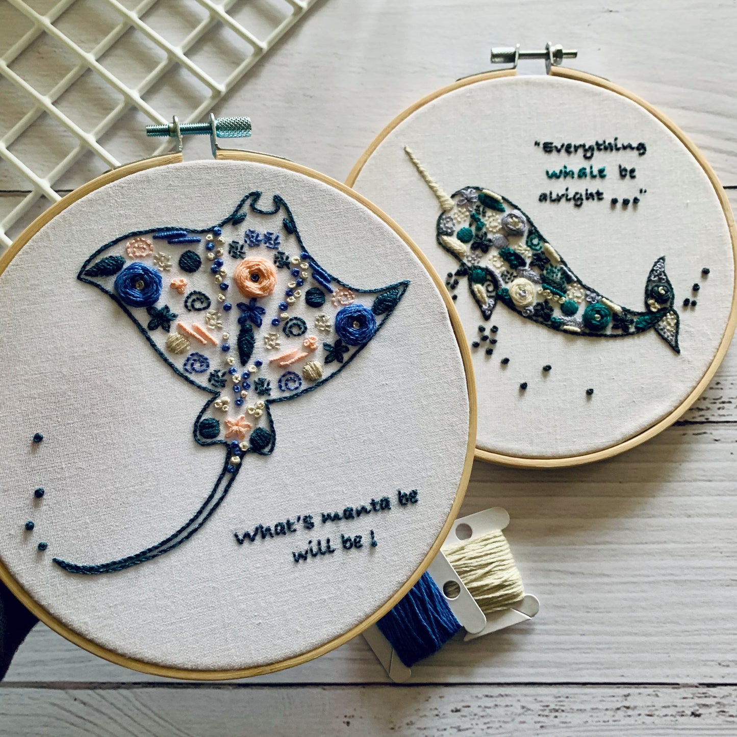 Full embroidery kit. 2-design sea animal narwhal and manta ray hoop art.  Modern and unique crewel designs for mindfulness