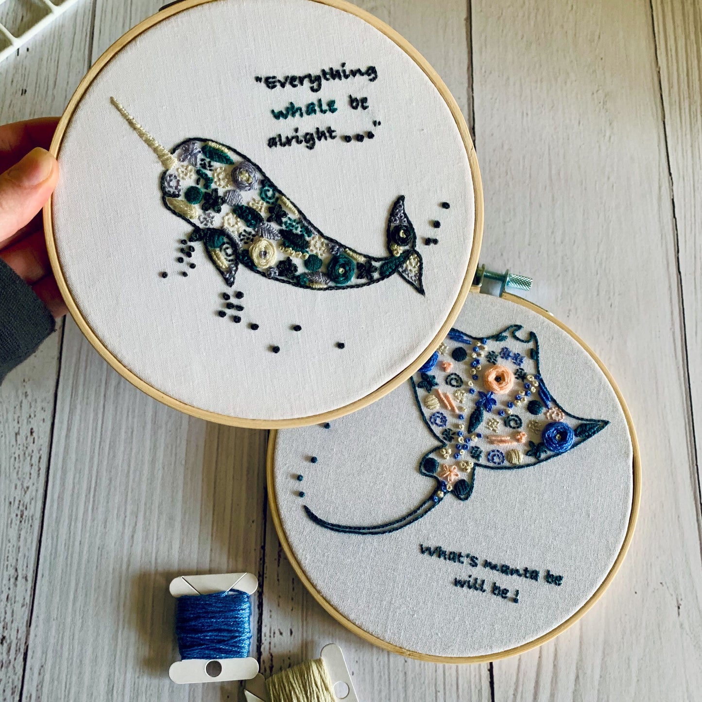 Full embroidery kit. 2-design sea animal narwhal and manta ray hoop art.  Modern and unique crewel designs for mindfulness