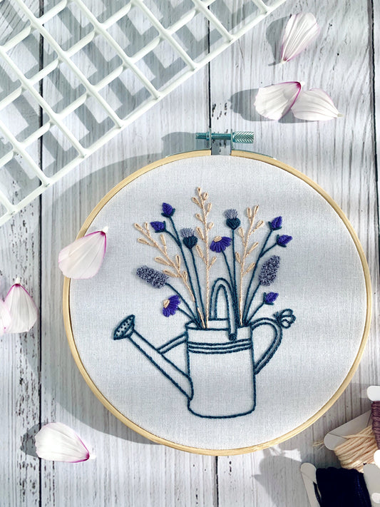 Full embroidery kit. Floral watering can DIY modern hoop art. Creative cottage core gardening craft gift for adult mindfulness.