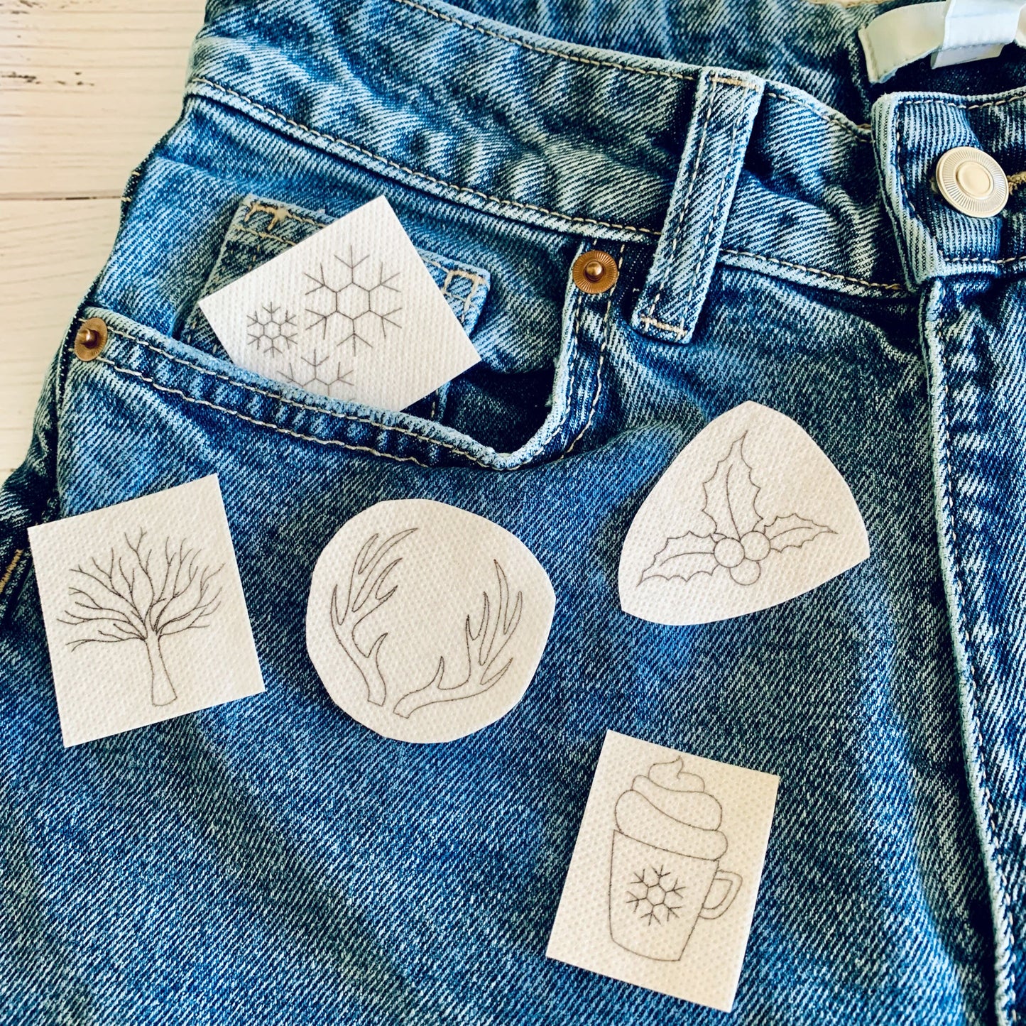 Stick and stitch embroidery patches. Winter hygge edition. Stick on and sew. Customise T-shirts, sweaters, bags, cushions etc.