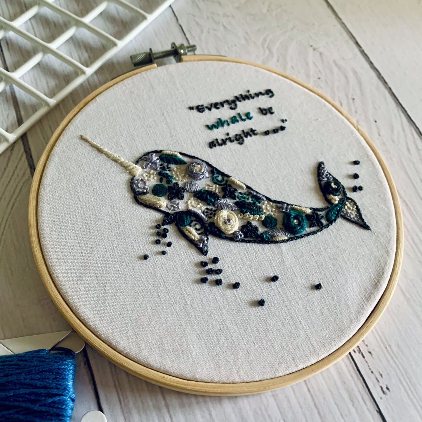 Full embroidery kit. 2-design sea animal narwhal and manta ray hoop art.  Modern and unique crewel designs for mindfulness