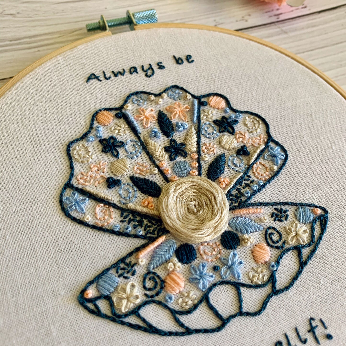 Full embroidery kit. Shell and pearl hoop art. Full DIY sewing project for mindfulness. Oyster clam, sea-life craft