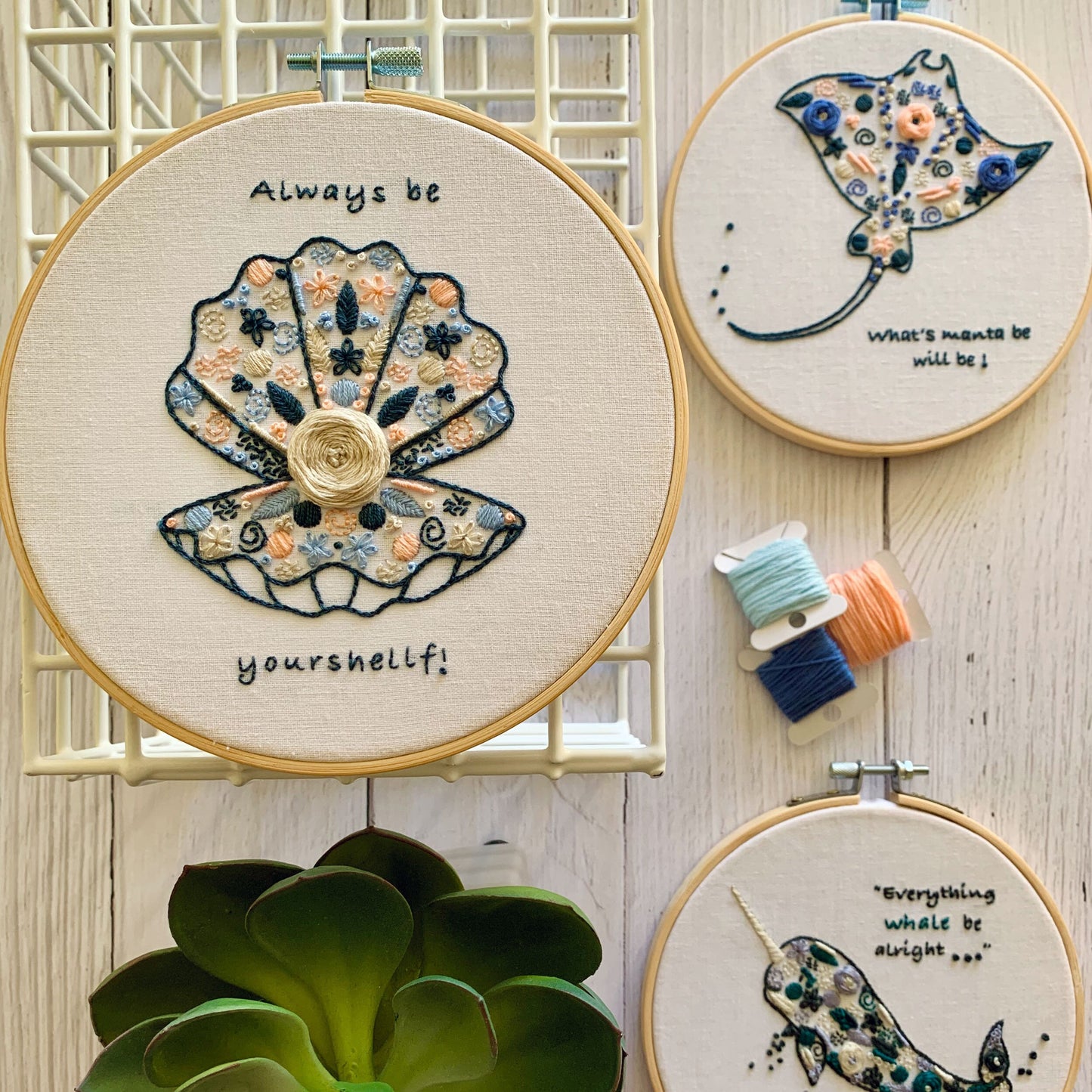 Full embroidery kit. Shell and pearl hoop art. Full DIY sewing project for mindfulness. Oyster clam, sea-life craft