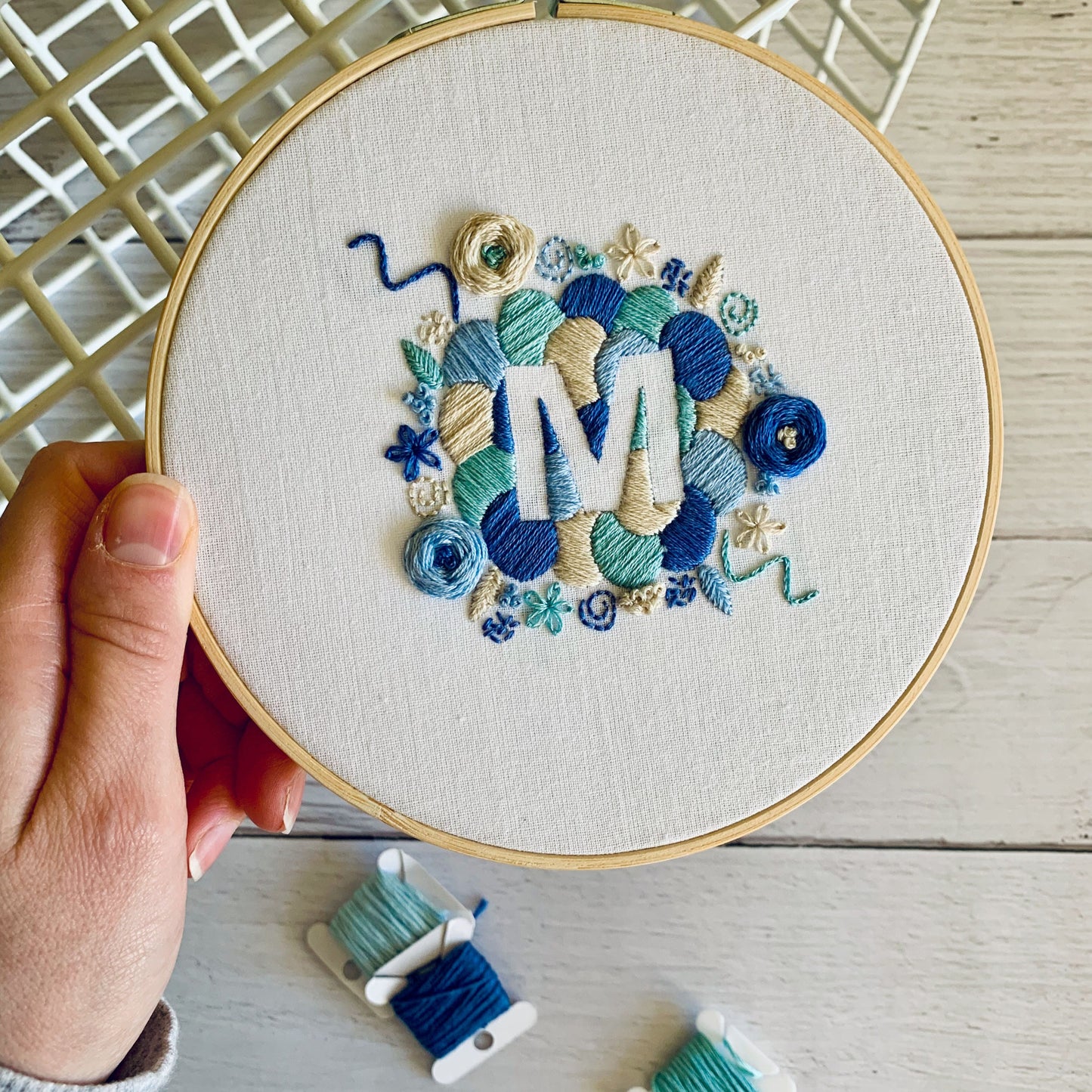 Full embroidery kit. Custom initial embroidery hoop art. Choose your colours. DIY craft project for bedroom art