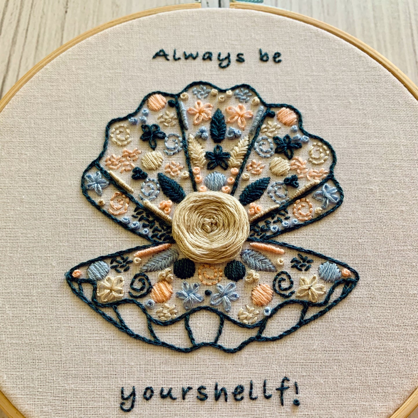 Full embroidery kit. Shell and pearl hoop art. Full DIY sewing project for mindfulness. Oyster clam, sea-life craft