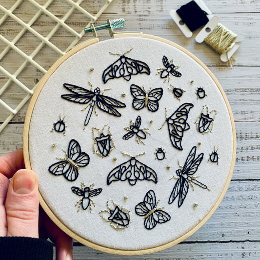 Digital download. Insect nature embroidery hoop art PDF pattern with instructions.  Wildlife butterfly beginner crewel wall decor project