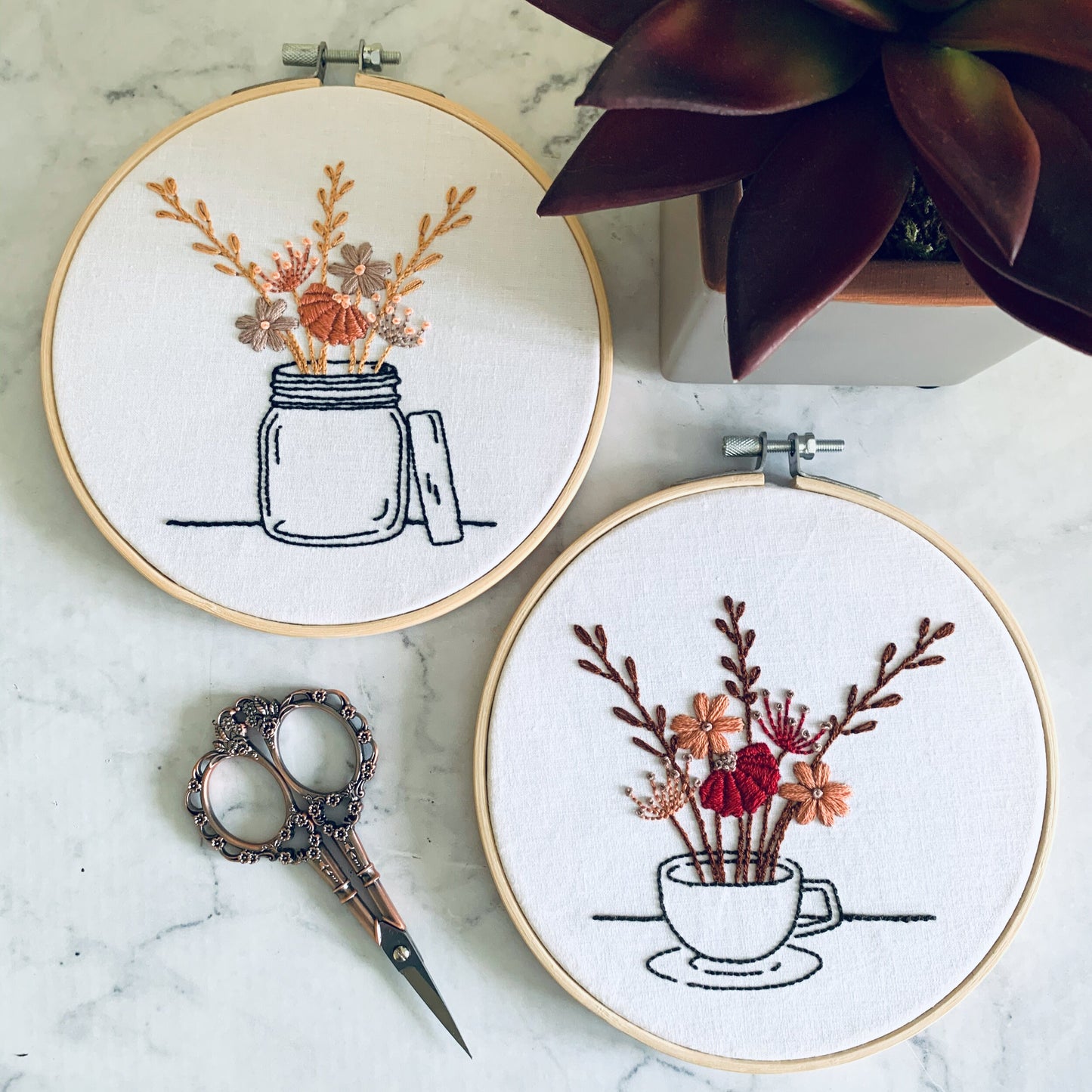 Full embroidery kit. Teacup, Teapot, Jam Jar hoop art.  Single or duo kits available! Modern and unique crewel designs for mindfulness