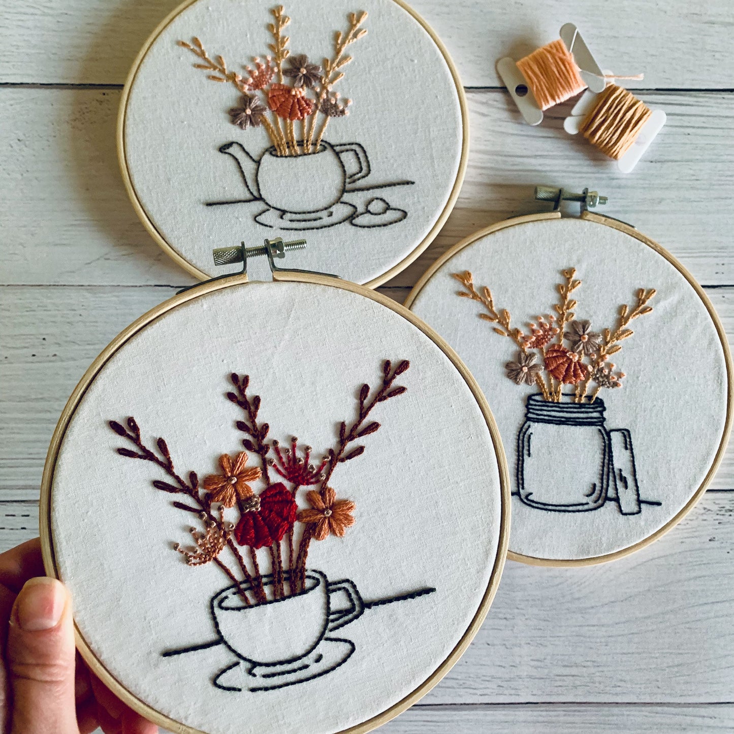 Full embroidery kit. Teacup, Teapot, Jam Jar hoop art.  Single or duo kits available! Modern and unique crewel designs for mindfulness