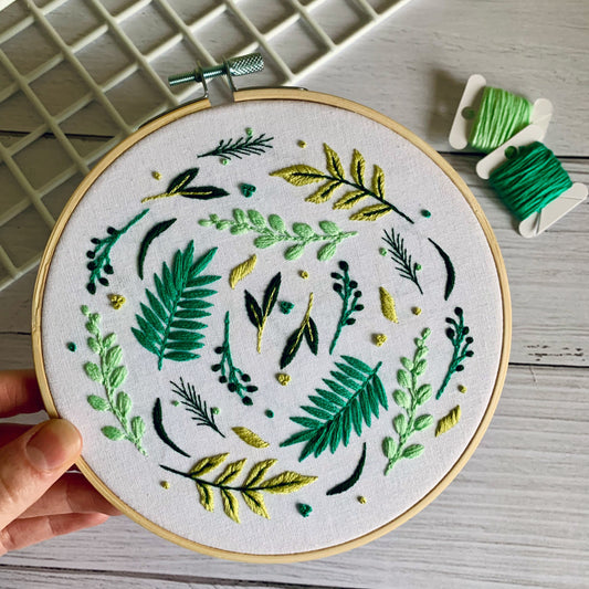 Full embroidery kit. Foliage DIY beginner hoop art craft. Adult anxiety/stress relief plants and leaves gift