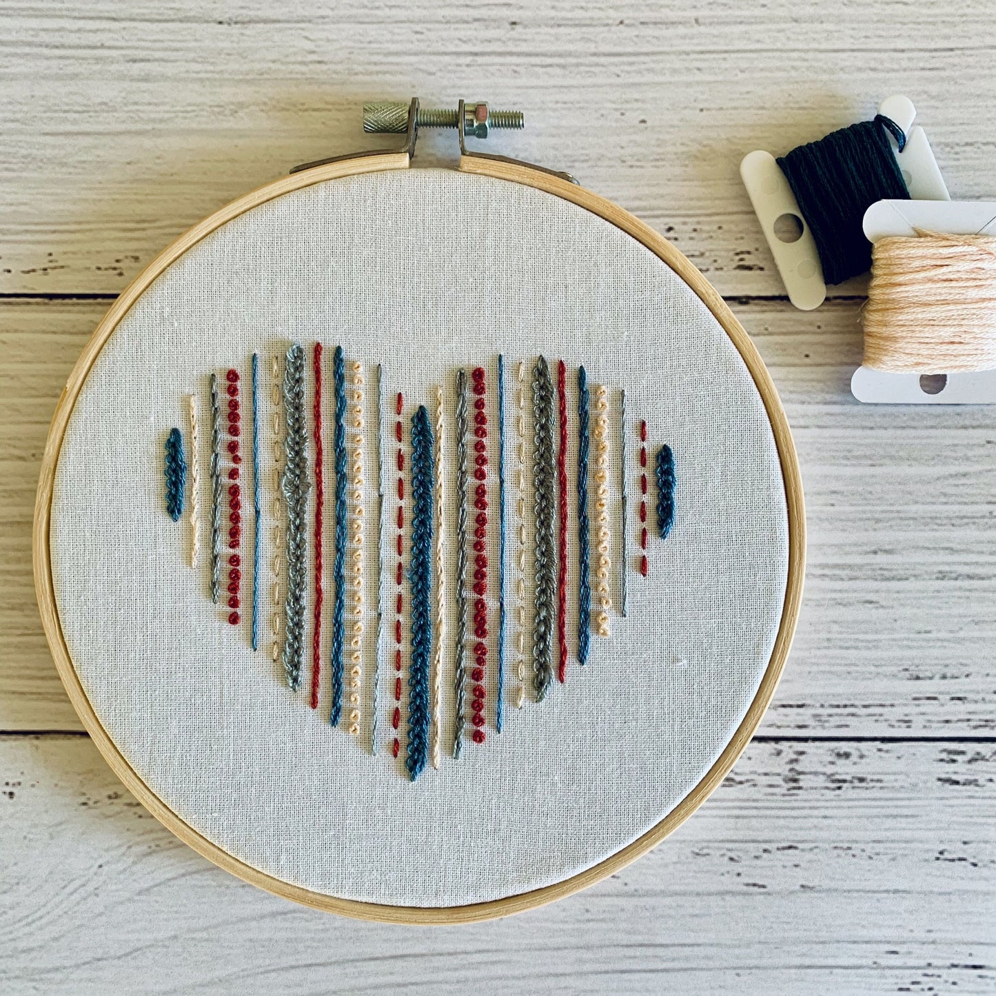 Full embroidery kit. Heart hoop art. Beginner sewing craft project for mindfulness