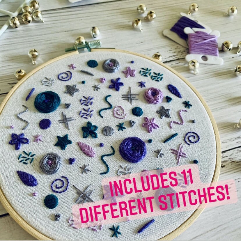 Full embroidery kit. Beginner doodle DIY hoop art craft. Includes 11 stitches! Adult anxiety/stress relief squiggle gift