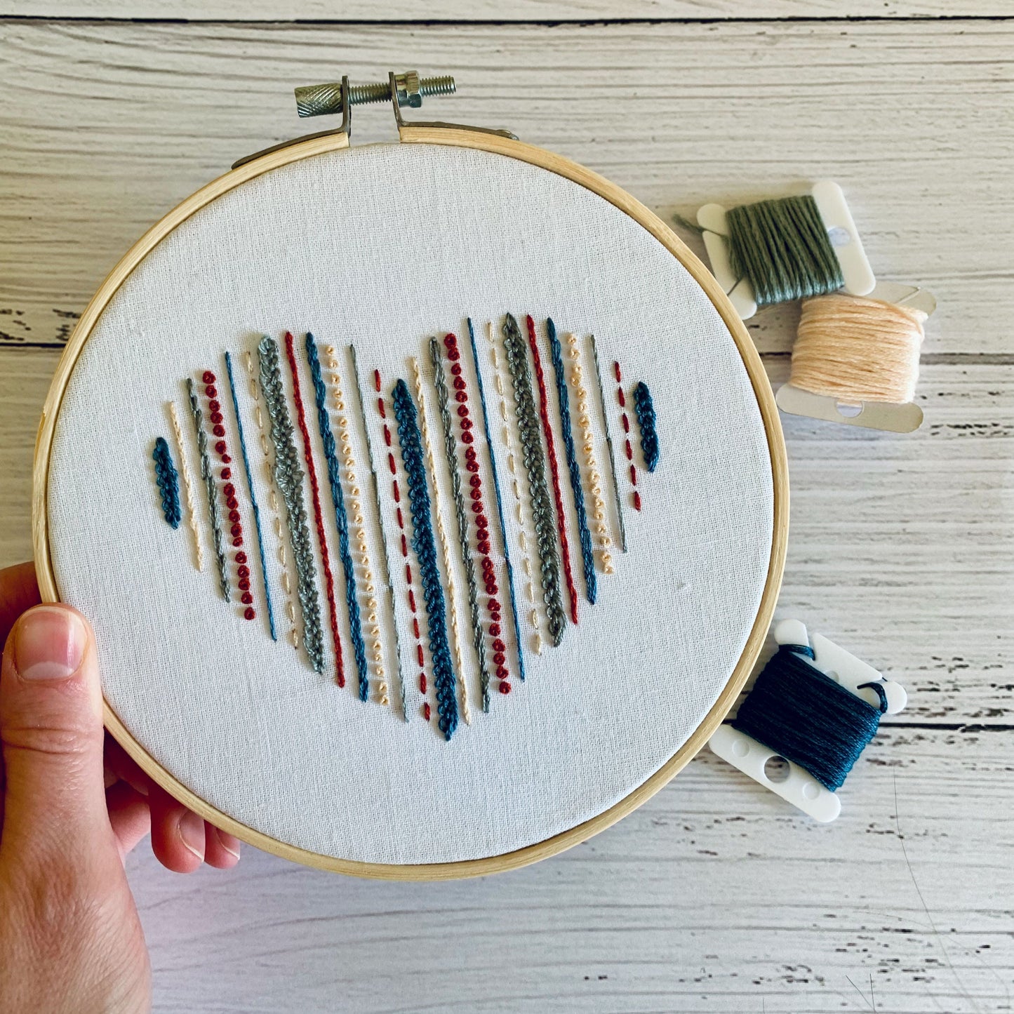 Full embroidery kit. Heart hoop art. Beginner sewing craft project for mindfulness