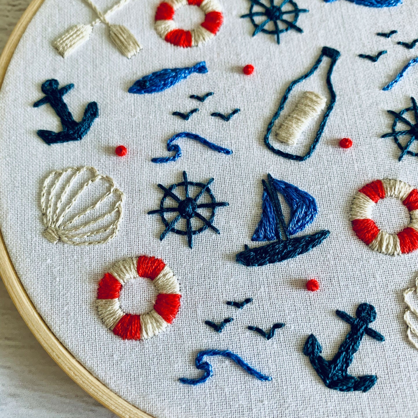 Digital download. Nautical embroidery hoop art PDF pattern with instructions. Seaside beginner crewel wall decor project