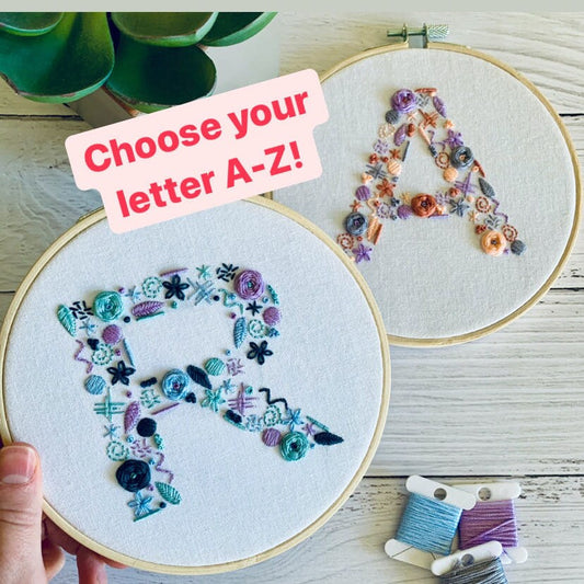 Digital download. Custom letter/initial embroidery hoop art PDF pattern with instructions. Personalised letter wall decor project