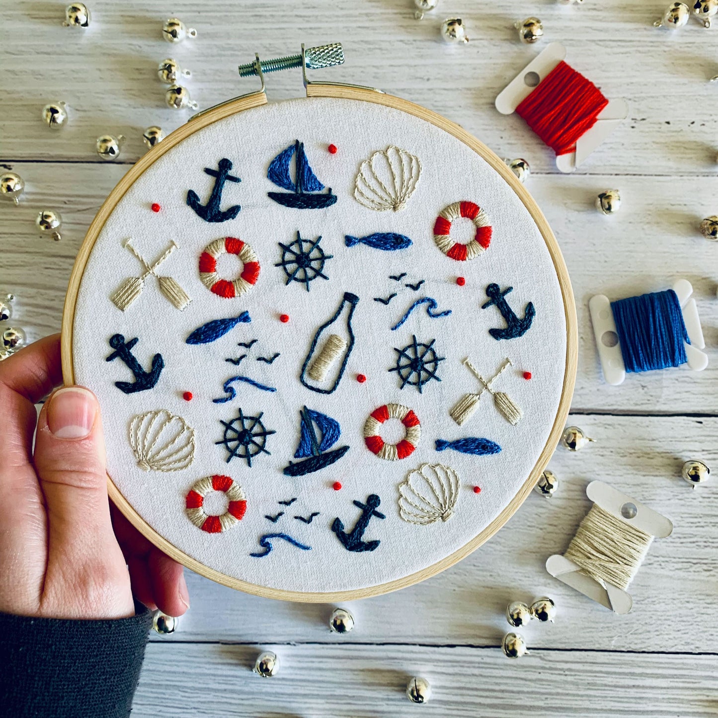 Full embroidery kit. Nautical DIY beginner hoop art craft. Adult anxiety/stress relief seaside gift