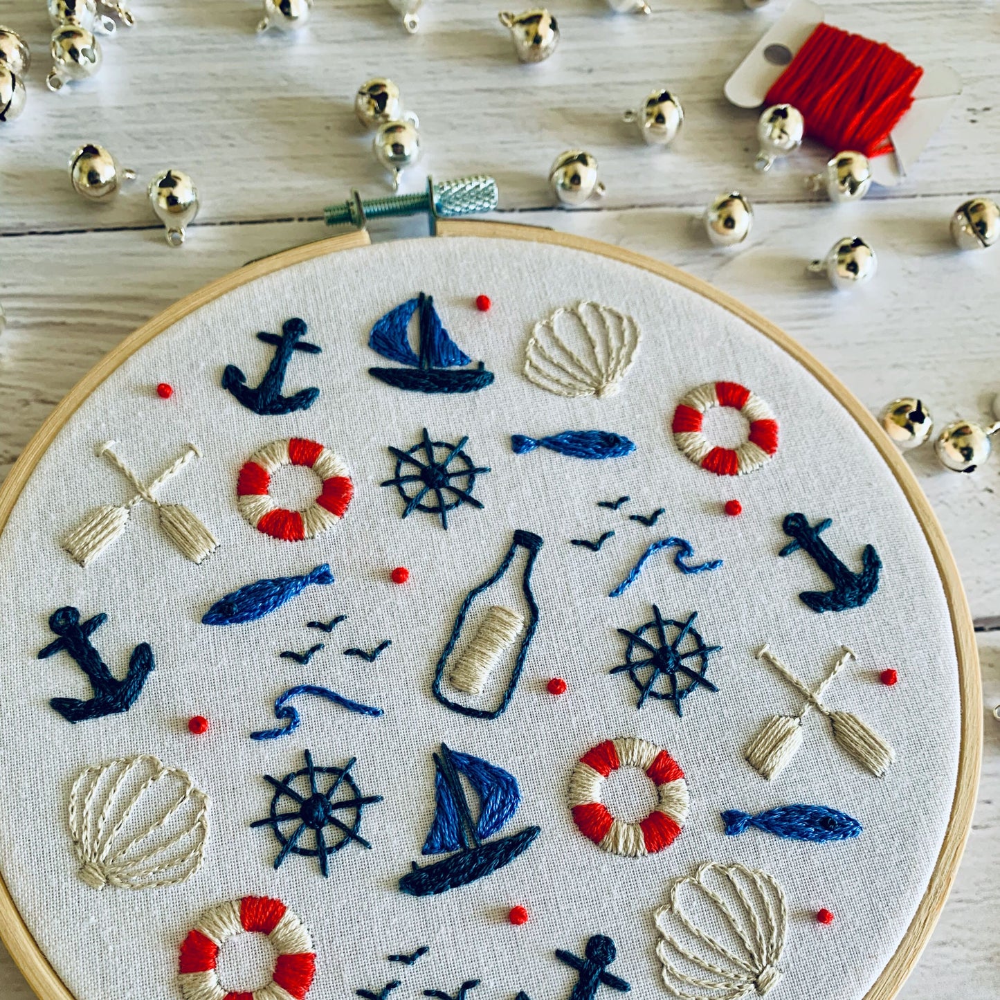 Full embroidery kit. Nautical DIY beginner hoop art craft. Adult anxiety/stress relief seaside gift