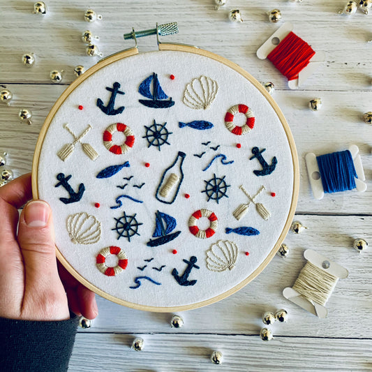 Digital download. Nautical embroidery hoop art PDF pattern with instructions. Seaside beginner crewel wall decor project