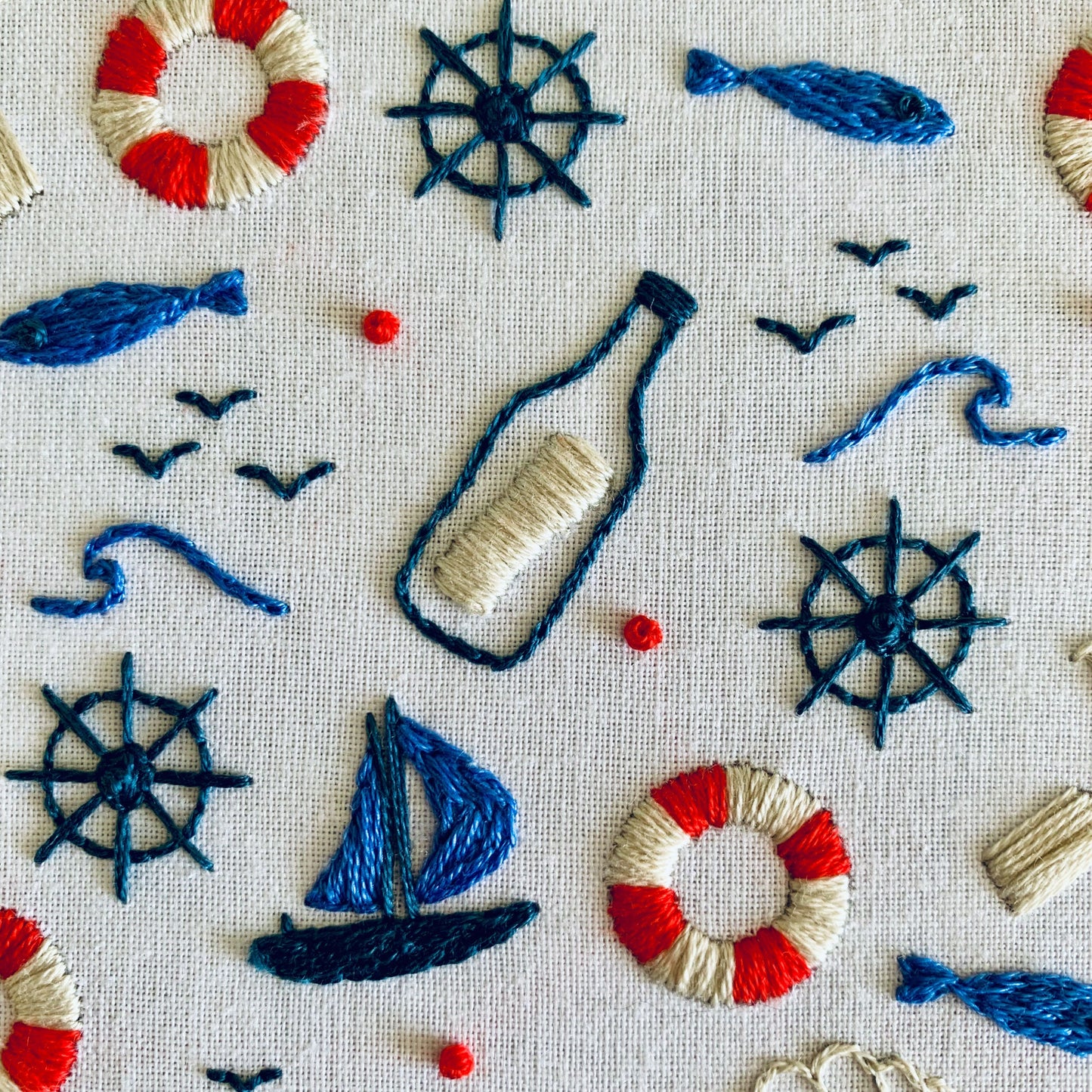 Digital download. Nautical embroidery hoop art PDF pattern with instructions. Seaside beginner crewel wall decor project