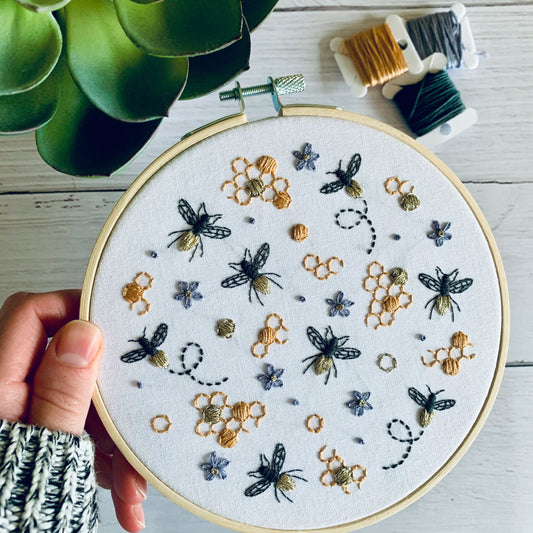 Full embroidery kit. Bumble bee honeycomb DIY beginner hoop art craft. Adult anxiety/stress relief insect honey gift