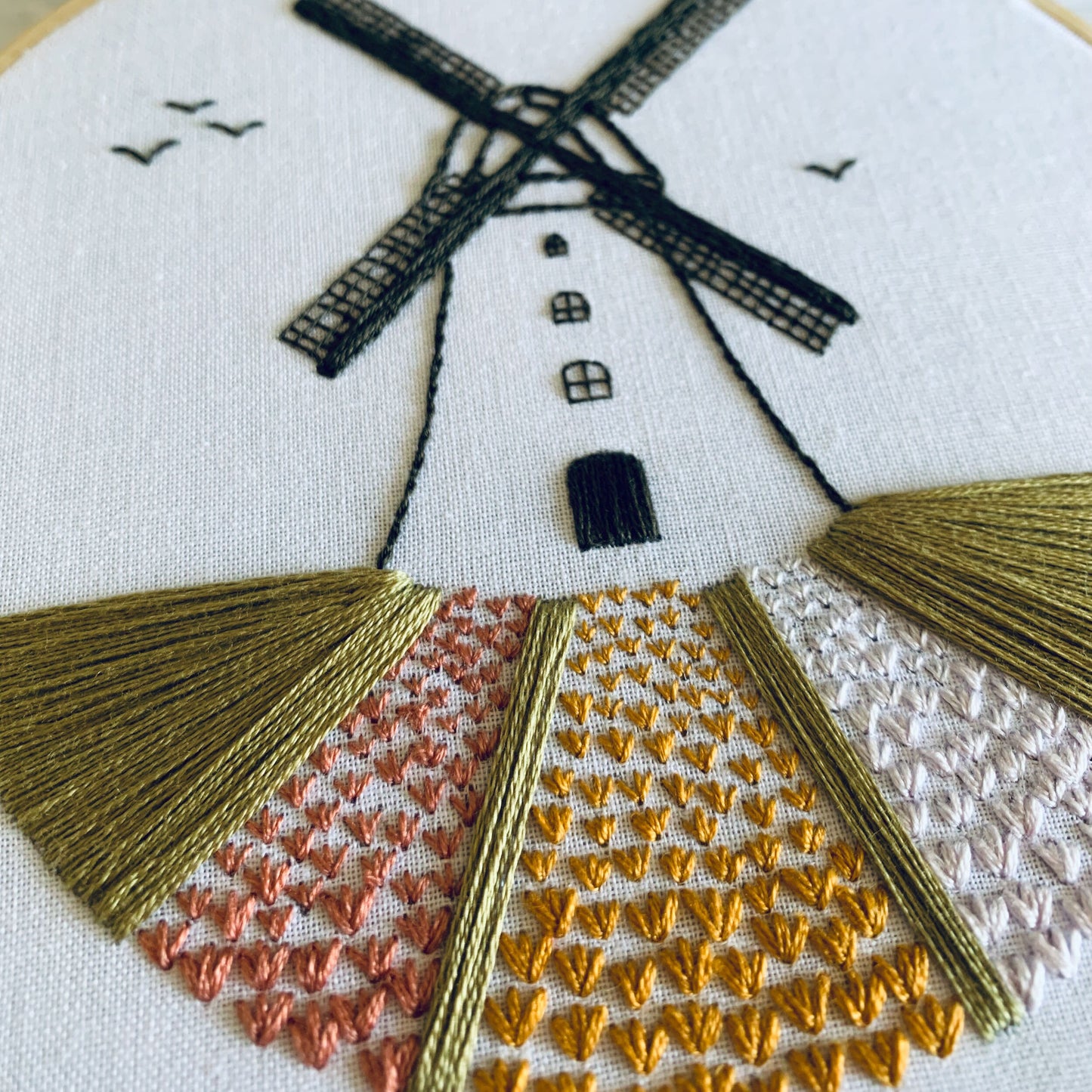 Full embroidery kit. Windmill and flowers DIY beginner hoop art craft. Adult anxiety/stress relief holland dutch tulip fields gift