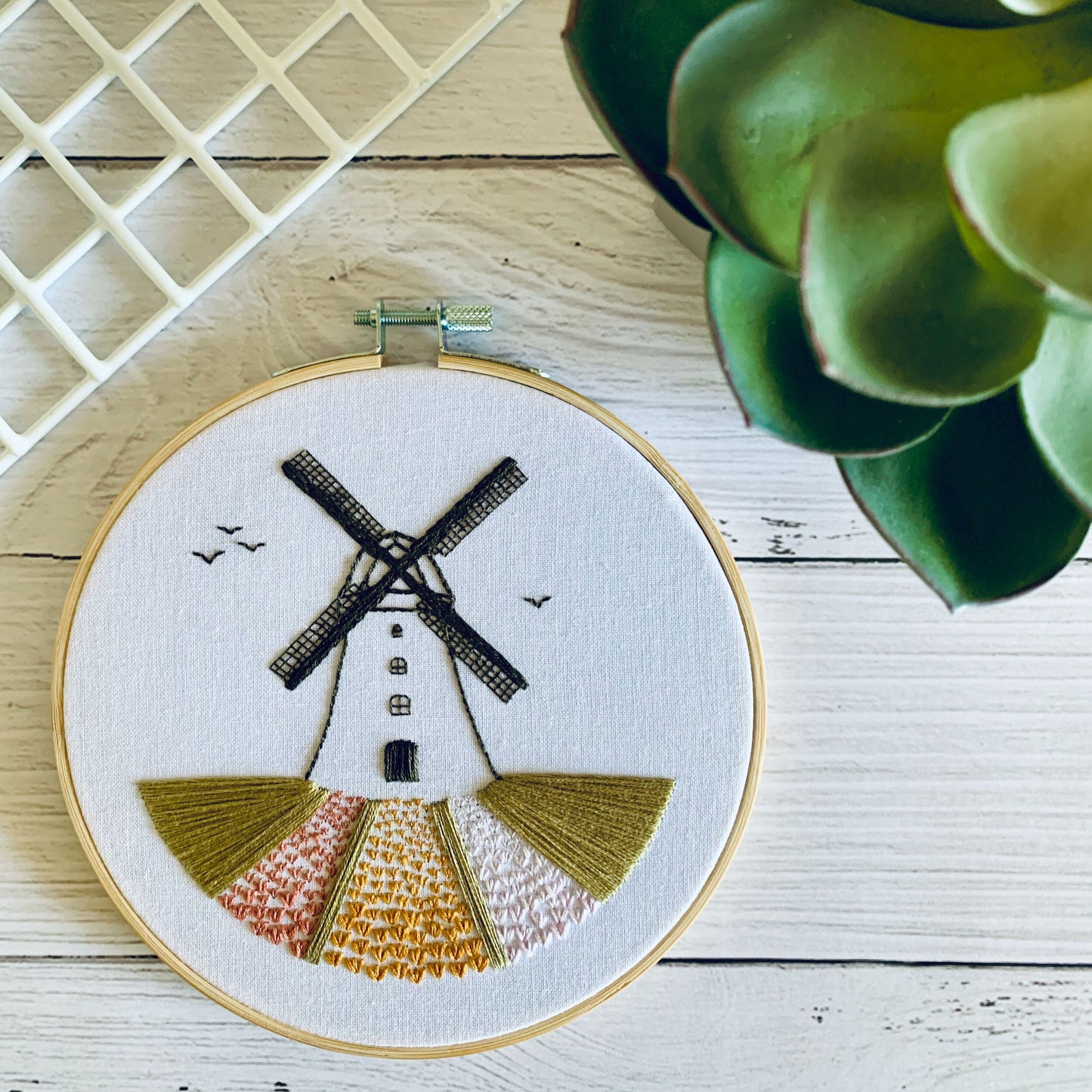 Full embroidery kit. Windmill and flowers DIY beginner hoop art craft. Adult anxiety/stress relief holland dutch tulip fields gift