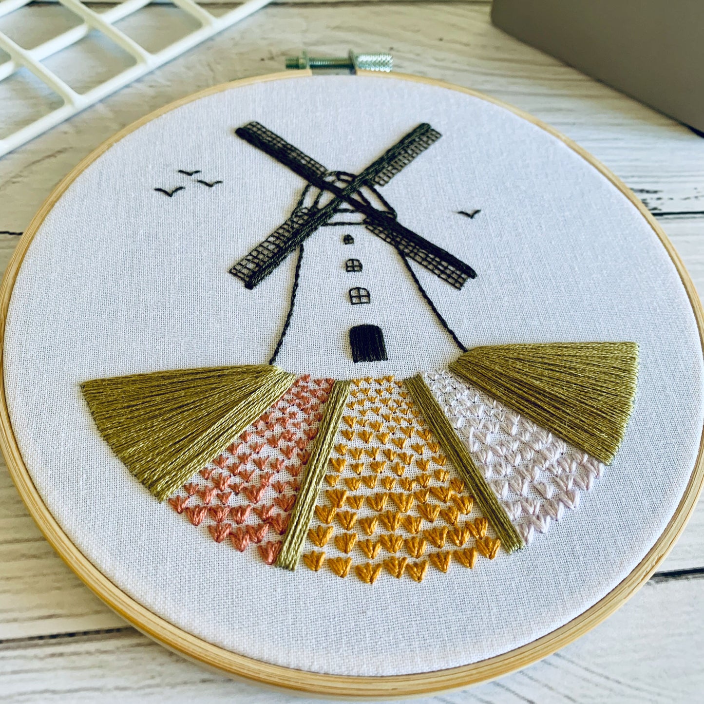 Digital download. Windmill and tulip fields embroidery hoop art PDF pattern with instructions