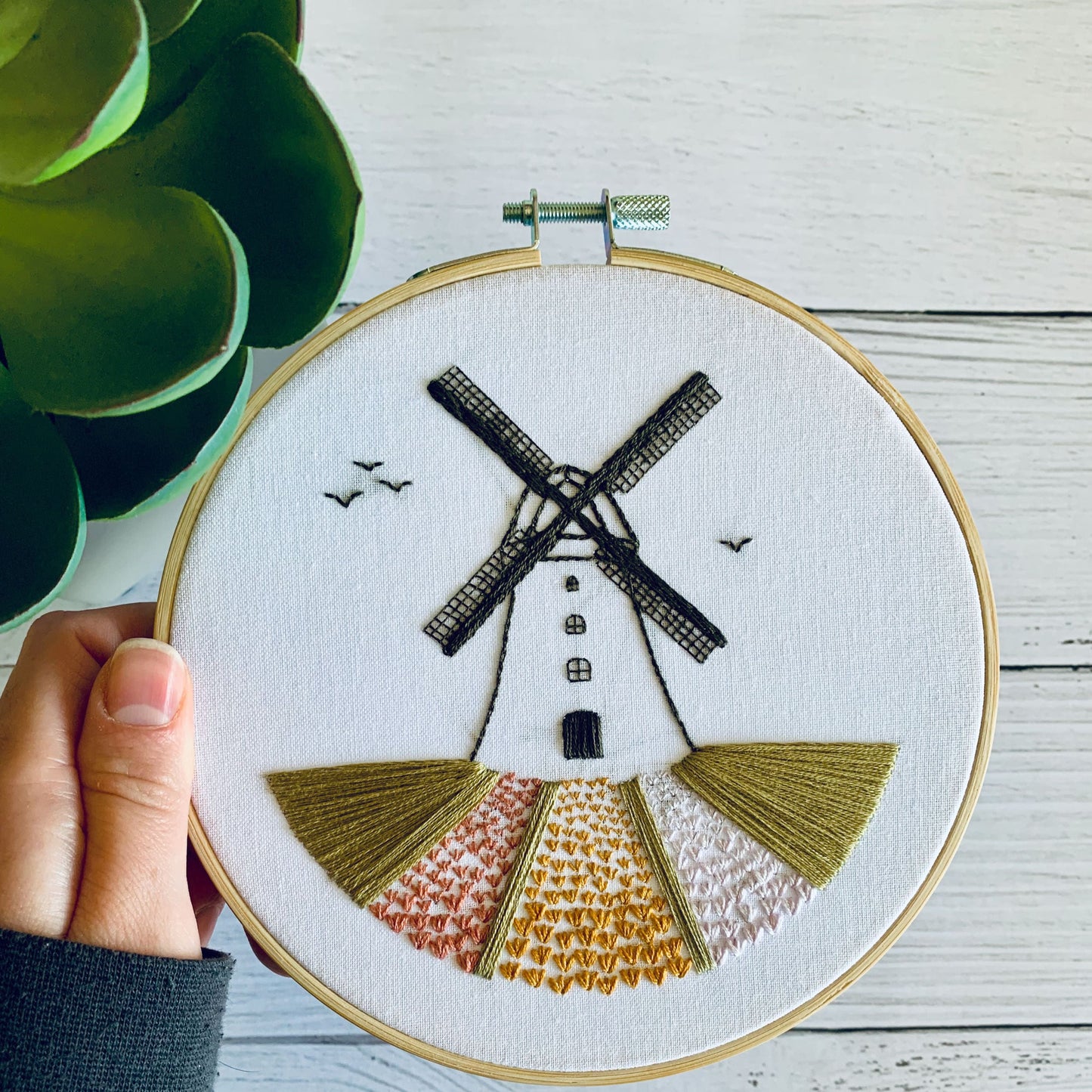 Digital download. Windmill and tulip fields embroidery hoop art PDF pattern with instructions