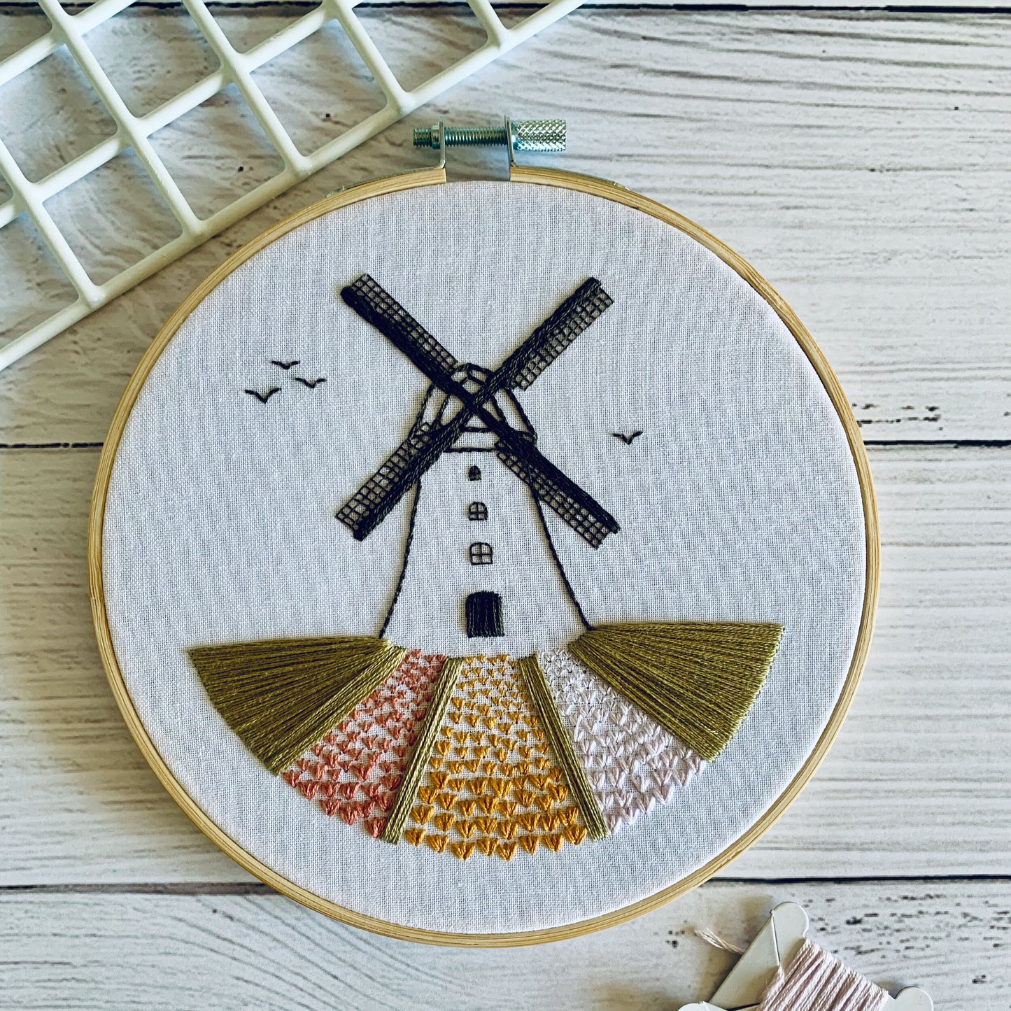 Digital download. Windmill and tulip fields embroidery hoop art PDF pattern with instructions