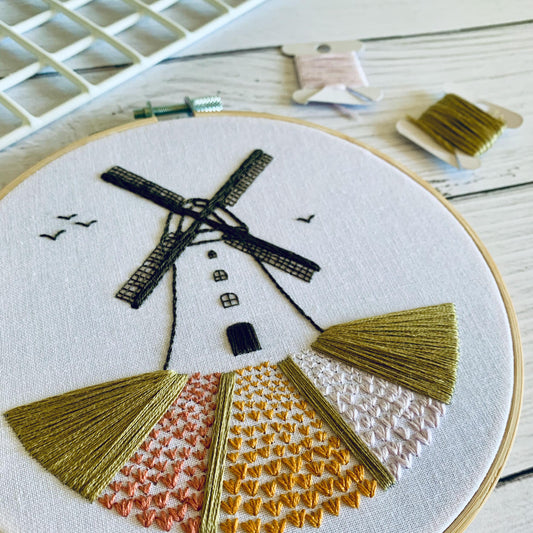 Full embroidery kit. Windmill and flowers DIY beginner hoop art craft. Adult anxiety/stress relief holland dutch tulip fields gift