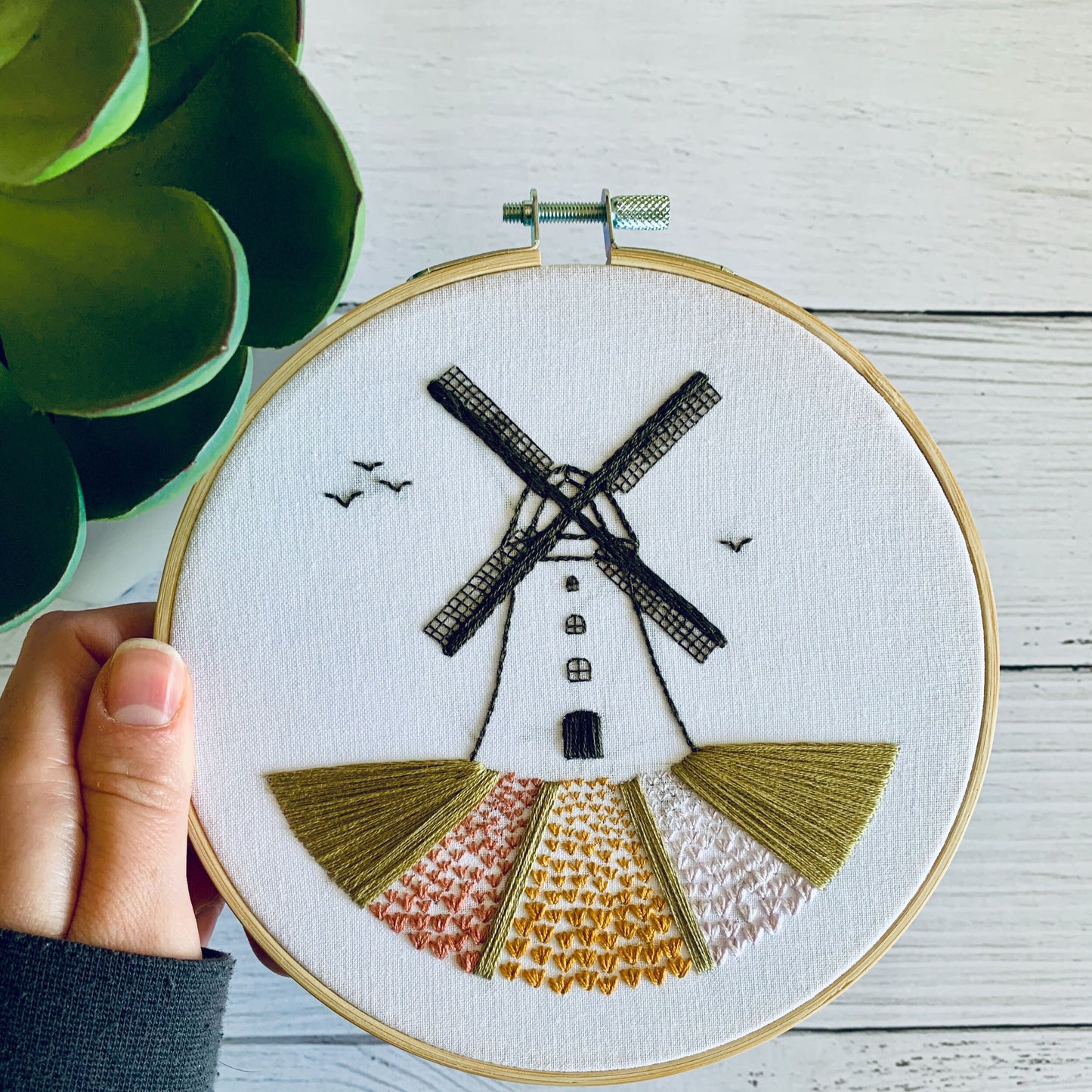 Full embroidery kit. Windmill and flowers DIY beginner hoop art craft. Adult anxiety/stress relief holland dutch tulip fields gift