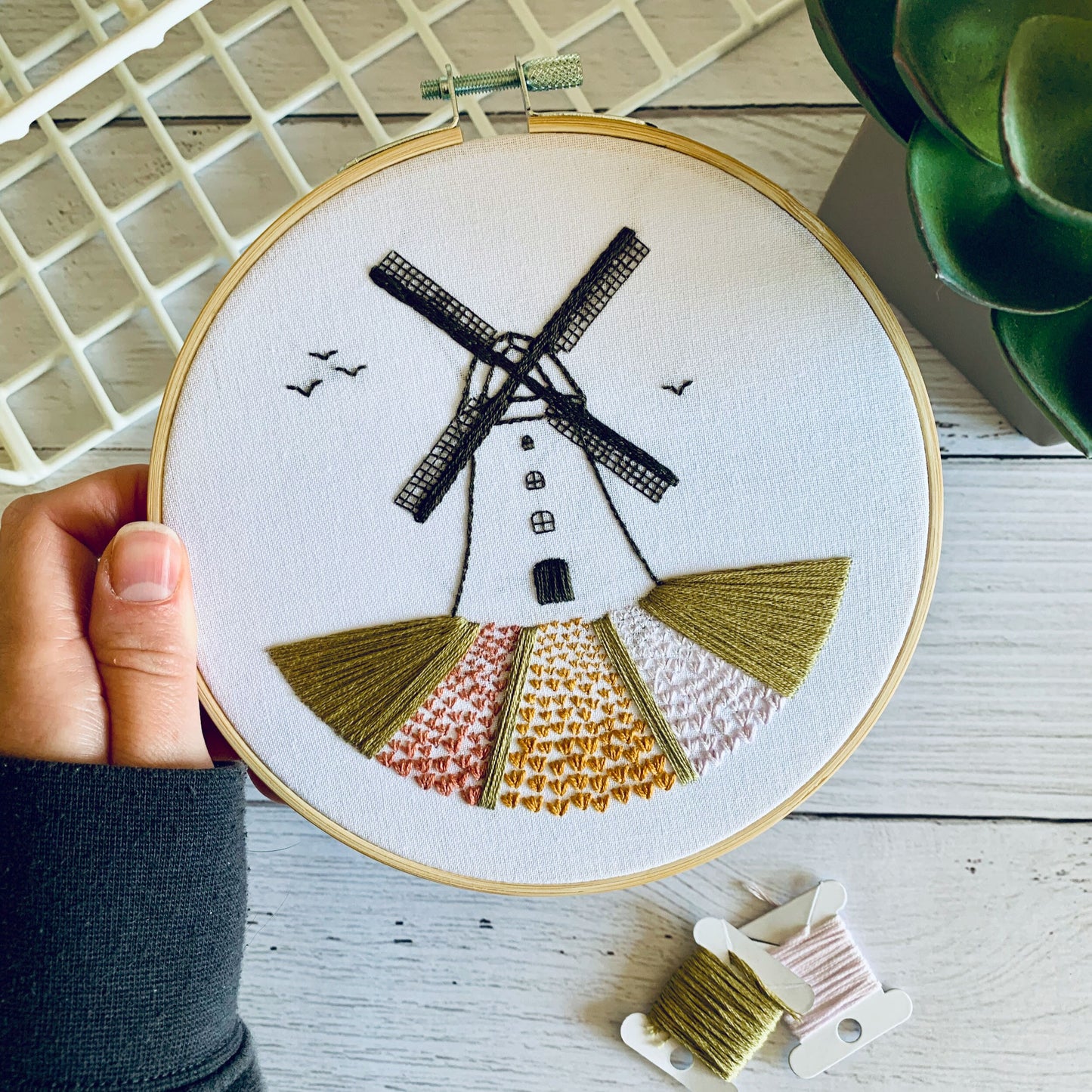 Full embroidery kit. Windmill and flowers DIY beginner hoop art craft. Adult anxiety/stress relief holland dutch tulip fields gift