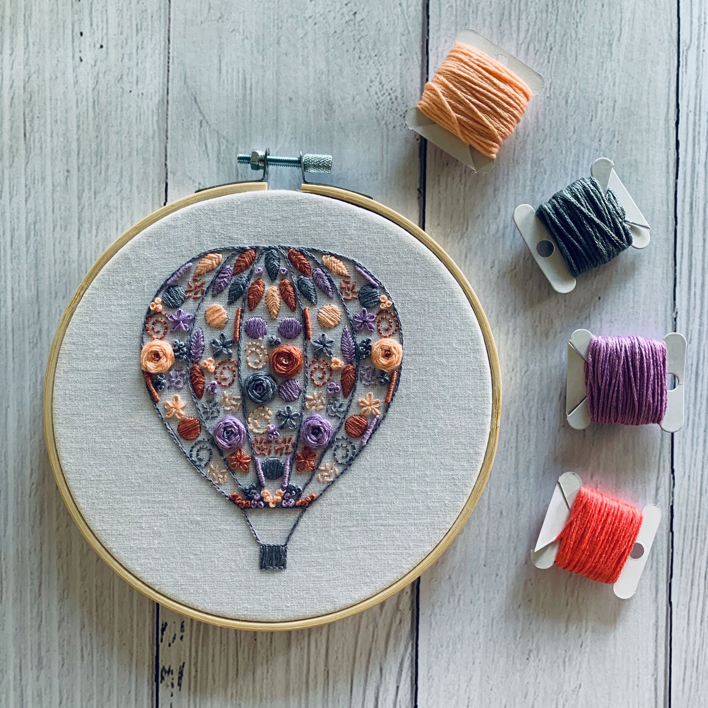 Full embroidery kit.  Hot air balloon DIY beginner craft. Adult anxiety/stress relief gift