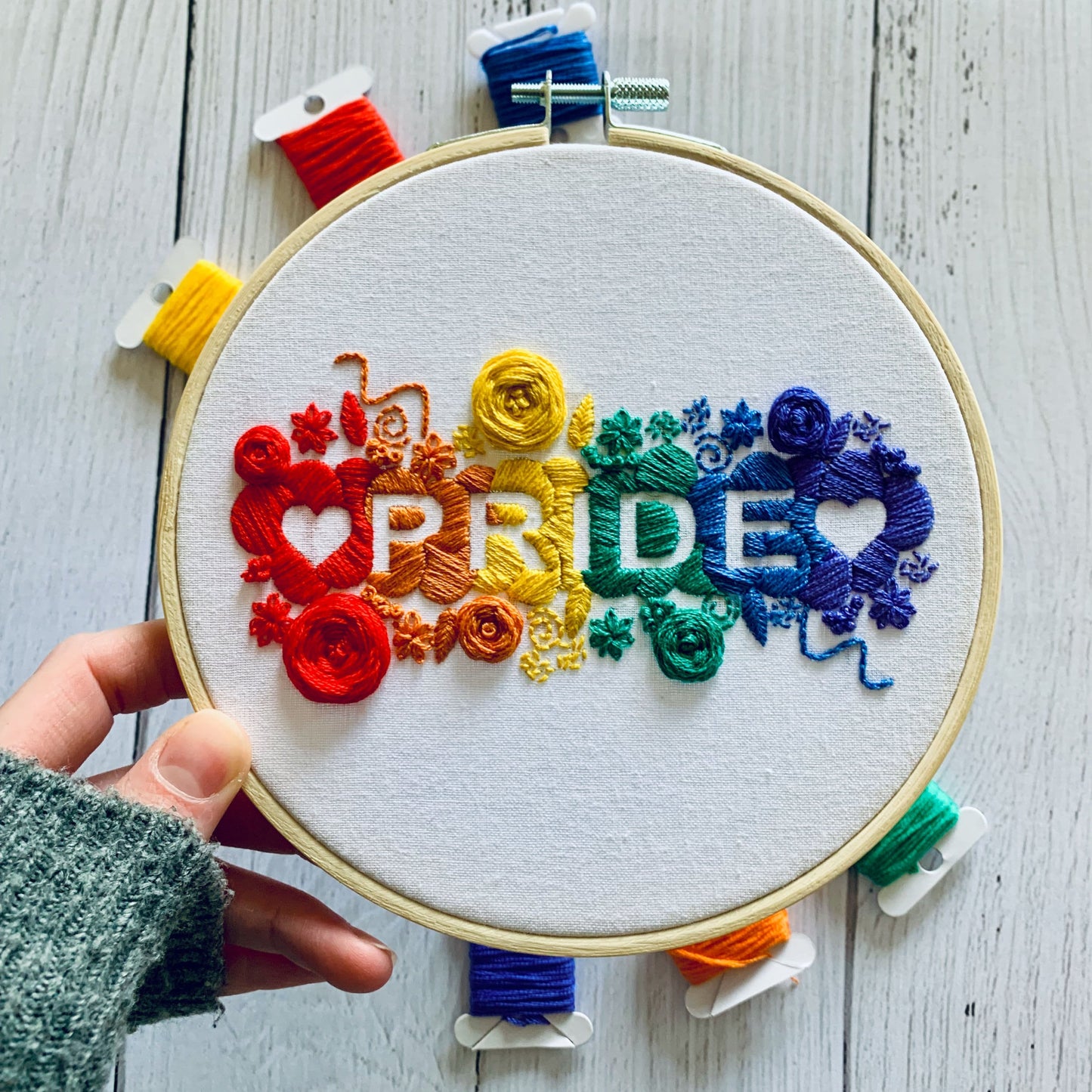 Digital download. Pride rainbow embroidery hoop art PDF pattern with instructions. LGBTQ beginner crewel wall decor project