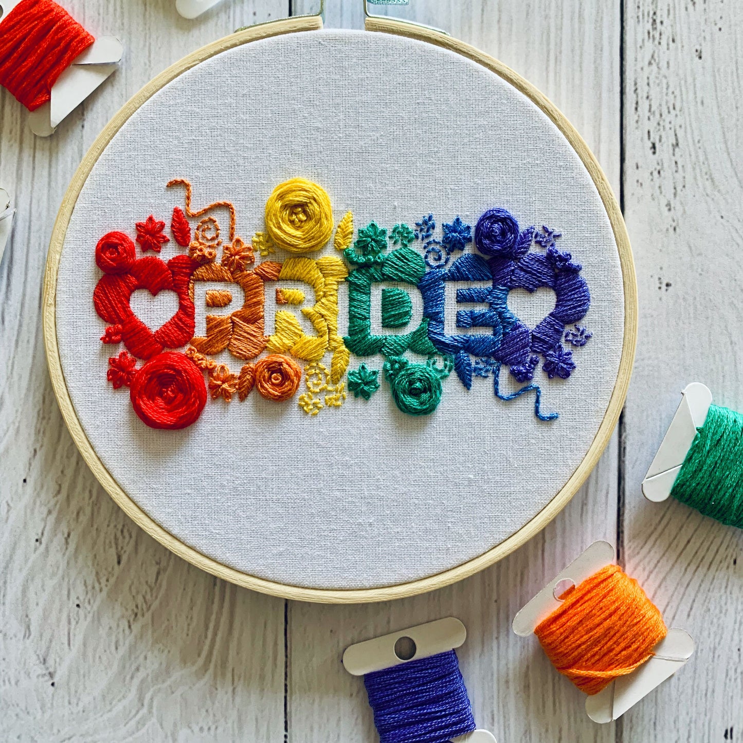 Digital download. Pride rainbow embroidery hoop art PDF pattern with instructions. LGBTQ beginner crewel wall decor project