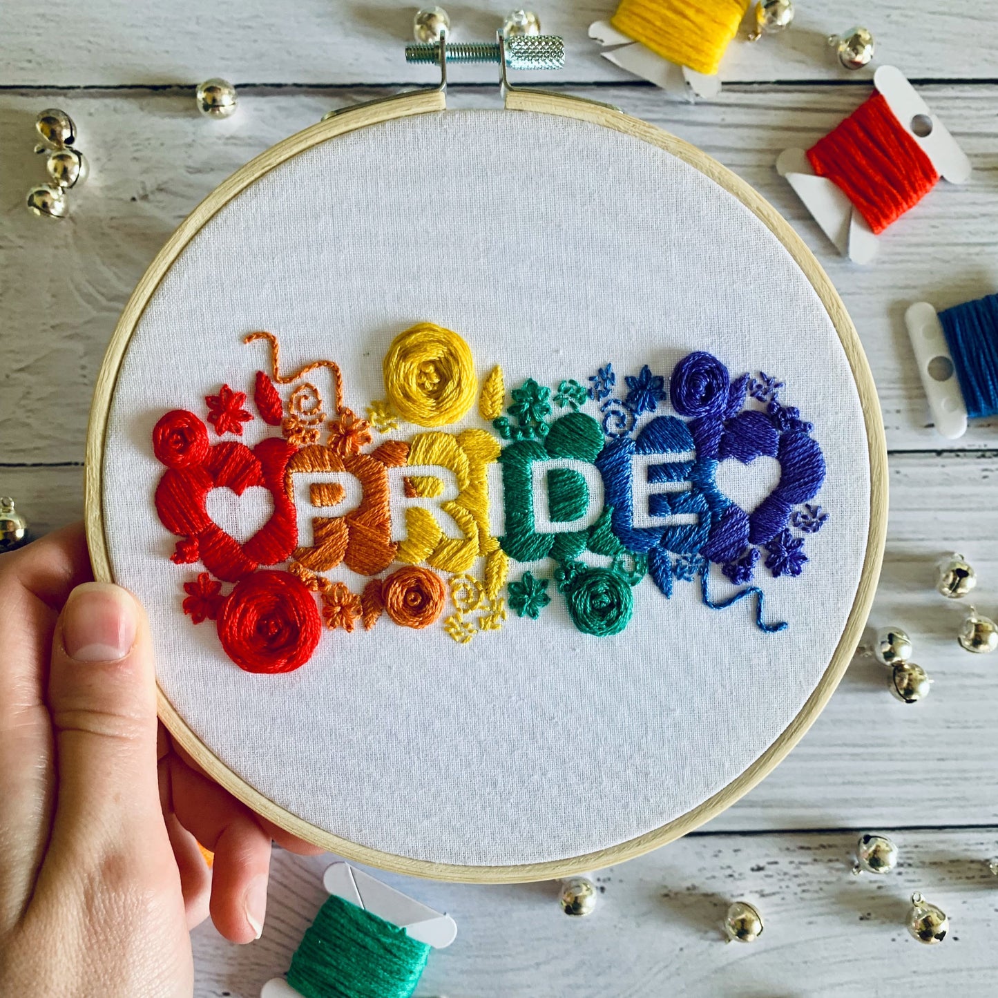 Digital download. Pride rainbow embroidery hoop art PDF pattern with instructions. LGBTQ beginner crewel wall decor project