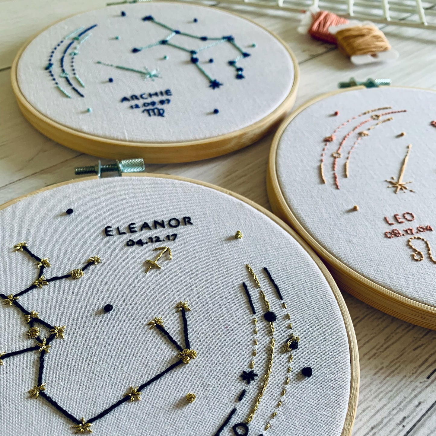 Full embroidery kit. Custom birthday star sign zodiac constellation hoop art. Choose your sign, name and colours. Beginner hand sewing