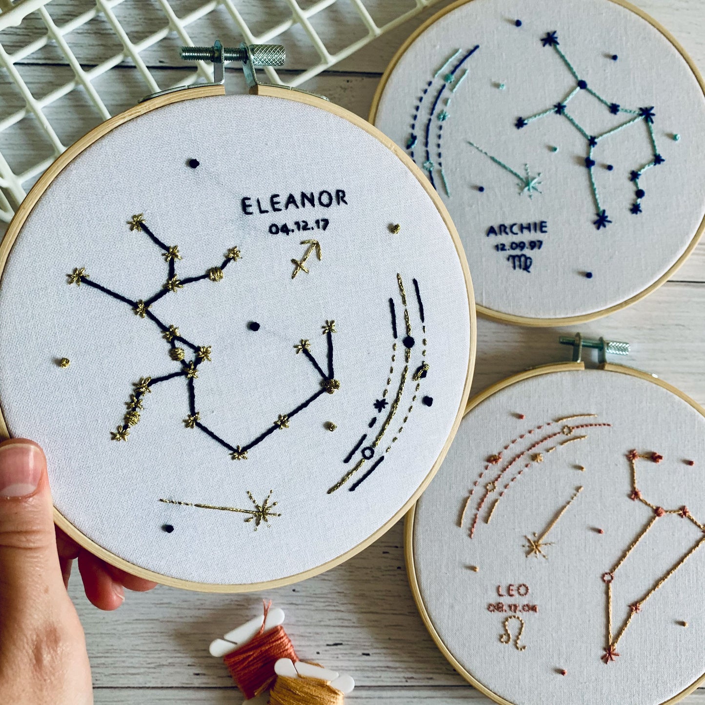 Full embroidery kit. Custom birthday star sign zodiac constellation hoop art. Choose your sign, name and colours. Beginner hand sewing